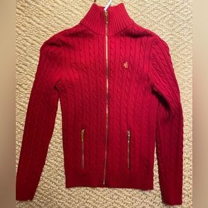 LAUREN BY RALPH LAUREN CABLE KNIT ZIP-UP in RED. Size XS. Condition LIKE NEW!